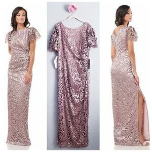 JS Collections Embroidered Mesh Flutter Sleeve Elegant Lace Evening Gown